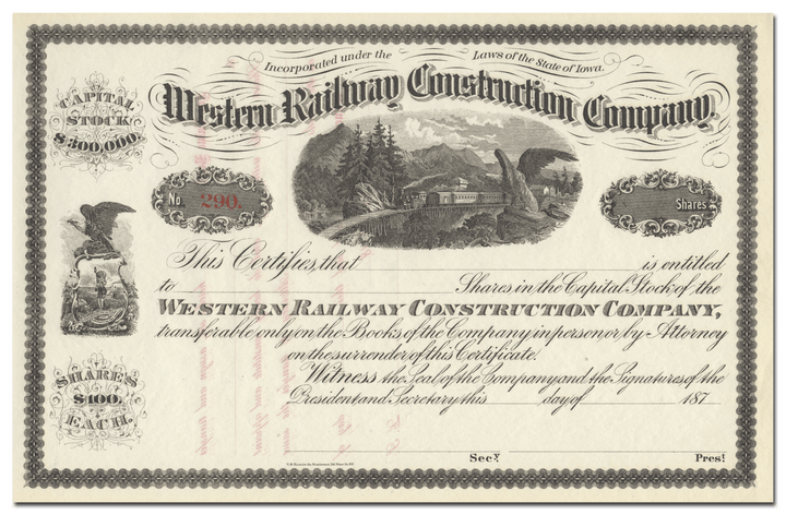 Western Railway Construction Company Stock Certificate