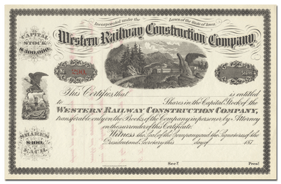 Western Railway Construction Company Stock Certificate