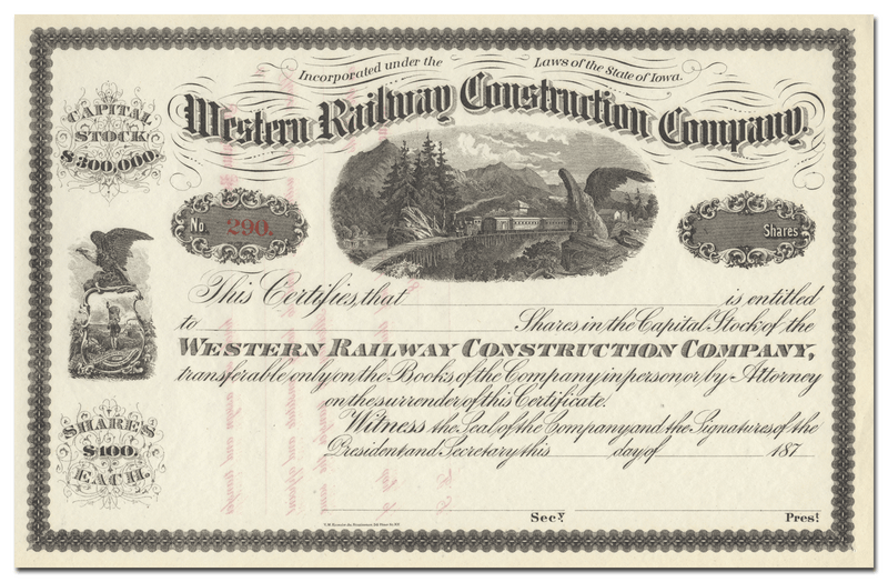 Western Railway Construction Company Stock Certificate