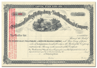 Solomon Valley, Phillipsburg and Northern Railroad Company Stock Certificate