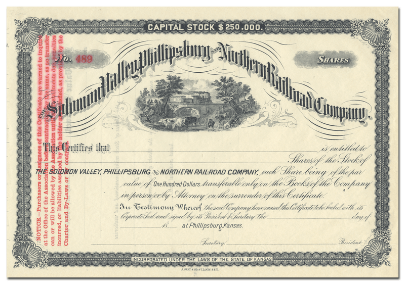 Solomon Valley, Phillipsburg and Northern Railroad Company Stock Certificate