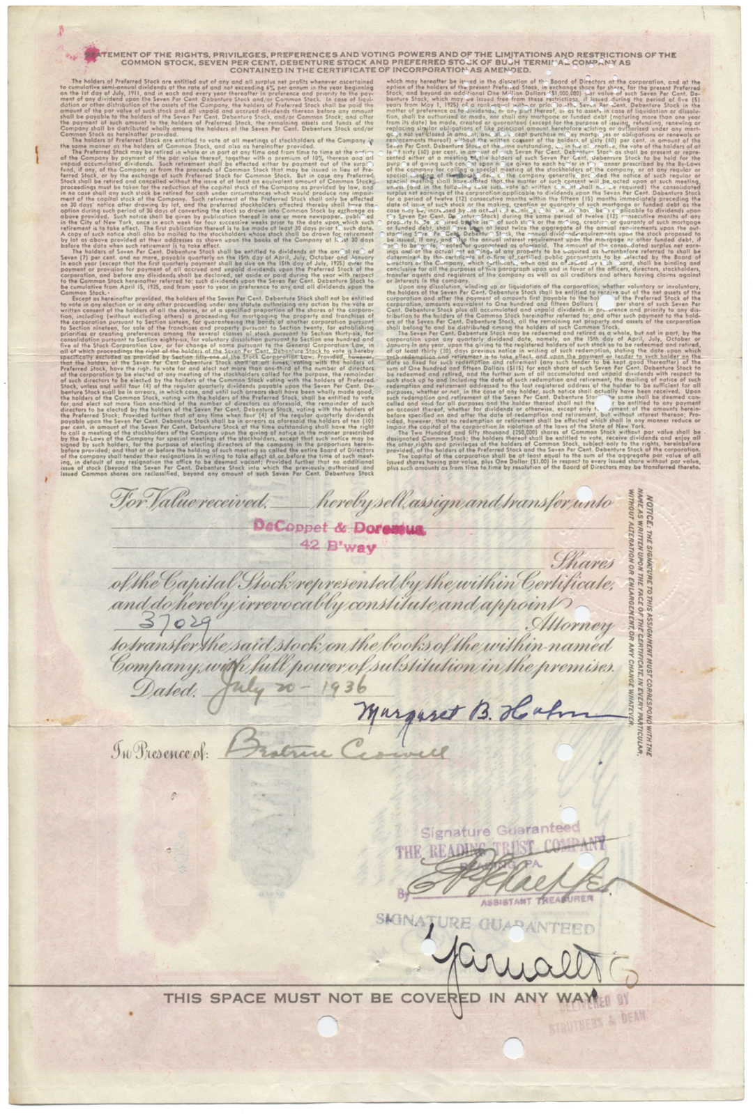 Bush Terminal Company Stock Certificate