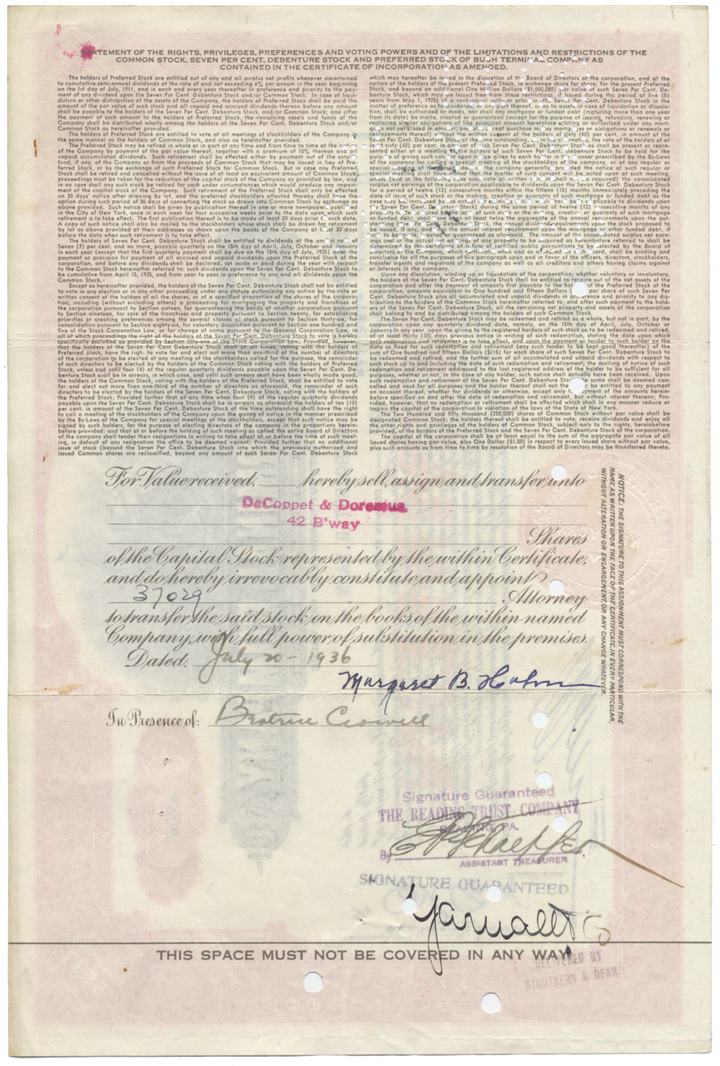 Bush Terminal Company Stock Certificate