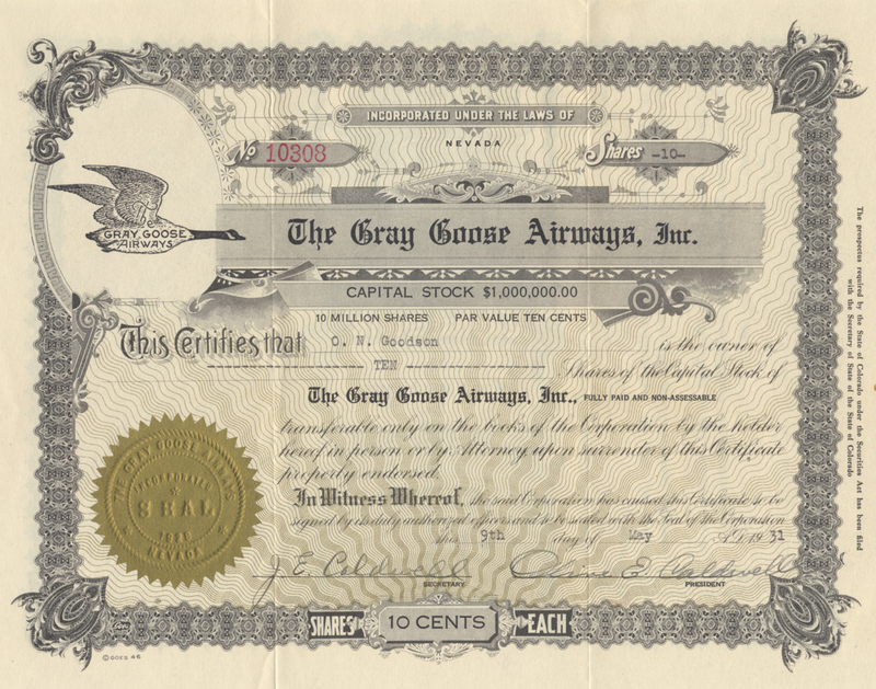 Gray Goose Airways, Inc. Stock Certificate