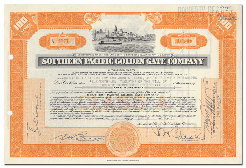 Southern Pacific Golden Gate Company Stock Certificate