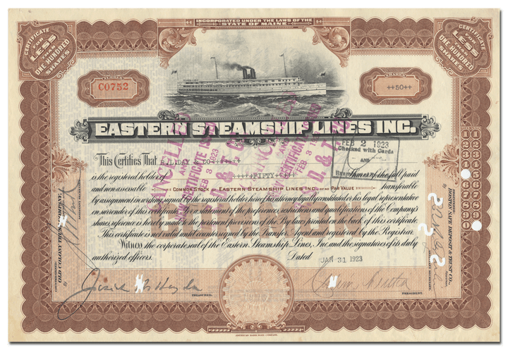 Eastern Steamship Lines, Inc. Stock Certificate