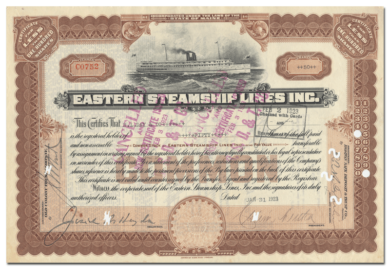 Eastern Steamship Lines, Inc. Stock Certificate