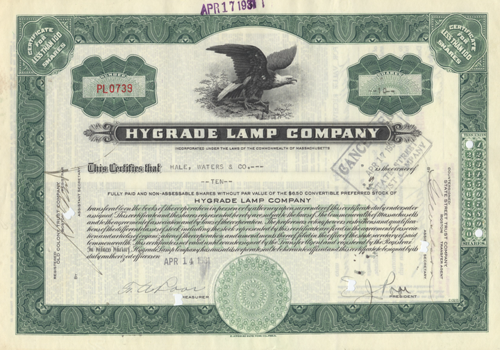 Hygrade Lamp Company Stock Certificate