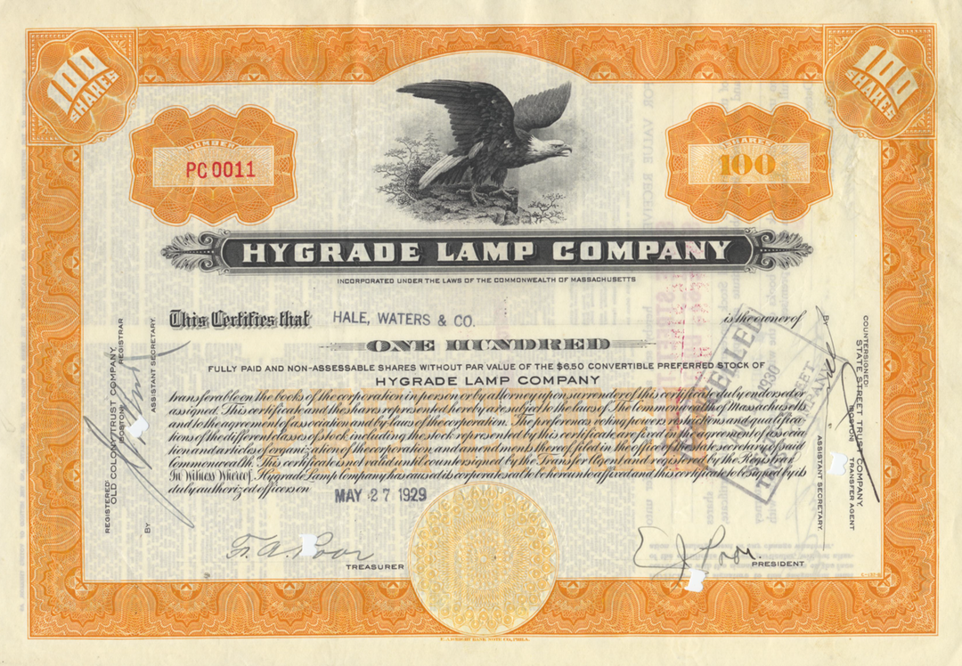 Hygrade Lamp Company Stock Certificate