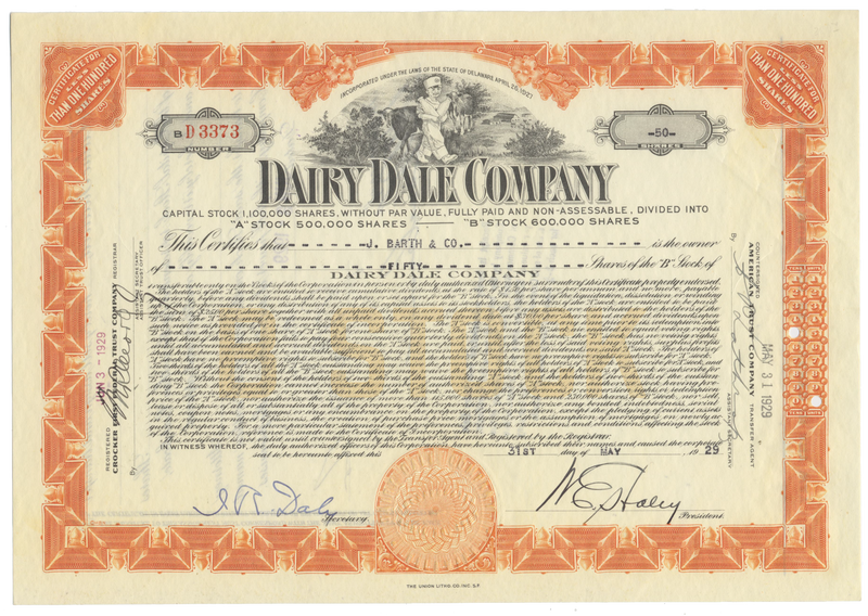 Dairy Dale Company Stock Certificate