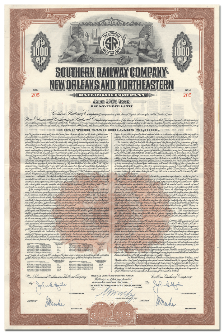 Southern Railway Company - New Orleans and Northeastern Railroad Company Bond Certificate