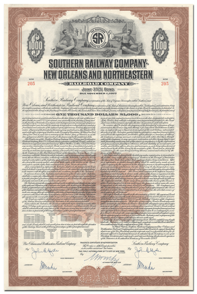 Southern Railway Company - New Orleans and Northeastern Railroad Company Bond Certificate