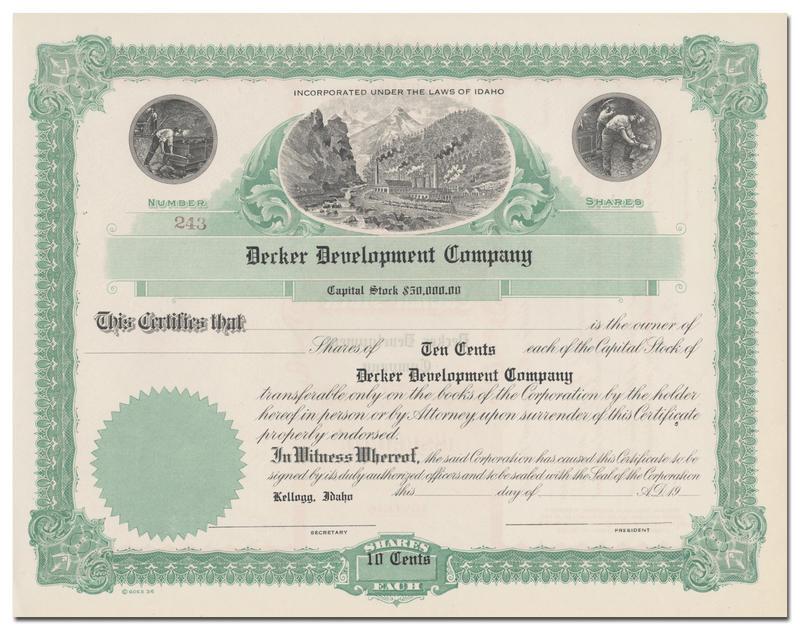 Decker Development Company Stock Certificate