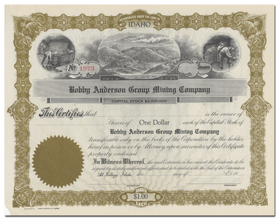 Bobby Anderson Group Mining Company Stock Certificate