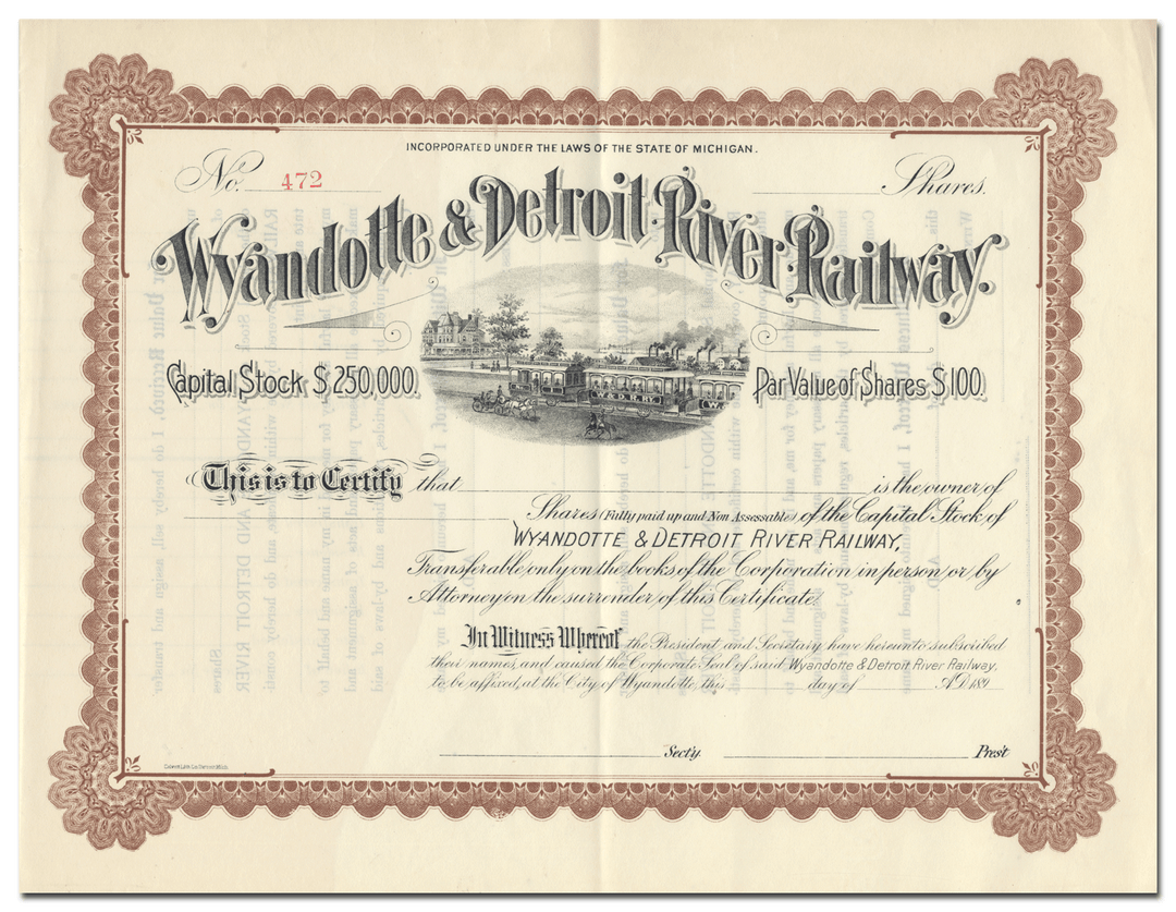 Wyandotte & Detroit River Railway Stock Certificate