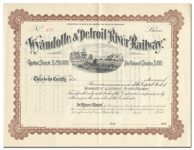 Wyandotte & Detroit River Railway Stock Certificate