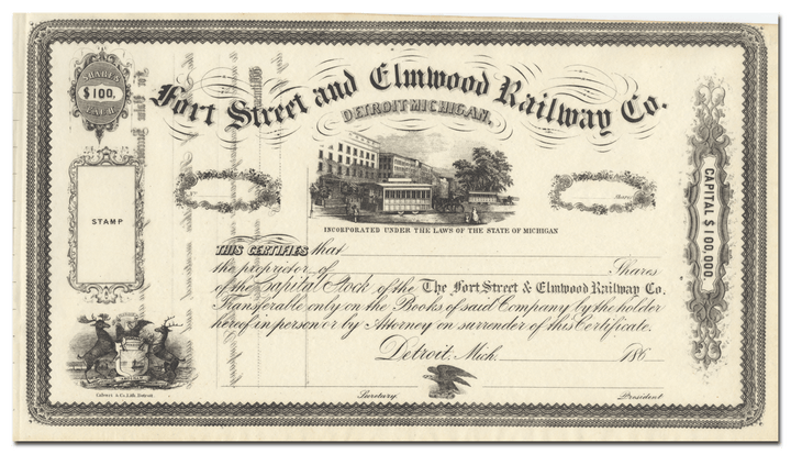 Fort Street and Elmwood Railway Co. Stock Certificate