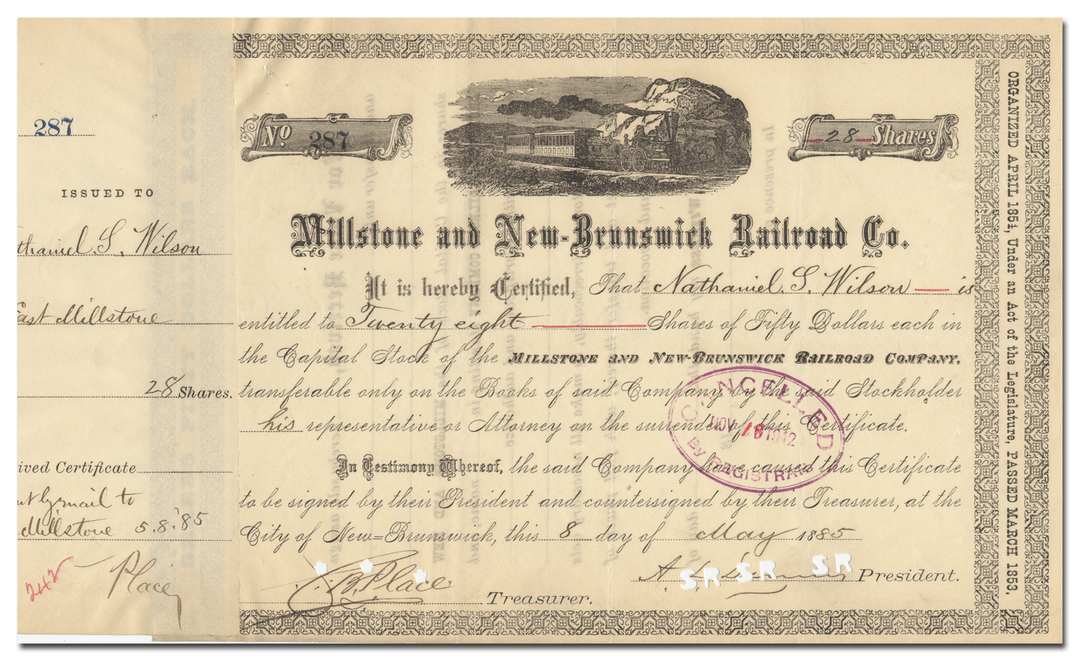 Millstone and New-Brunswick Railroad Company Stock Certificate