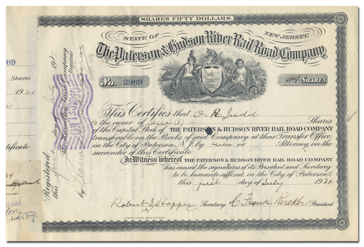 Paterson & Hudson River Rail Road Company Stock Certificate - Ghosts of ...