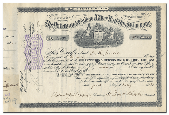 Paterson & Hudson River Rail Road Company Stock Certificate