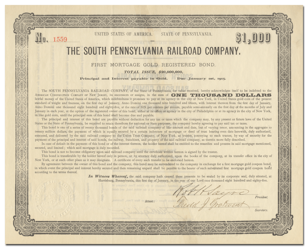 South Pennsylvania Railroad Company Bond Certificate Signed by Robert H. Sayre