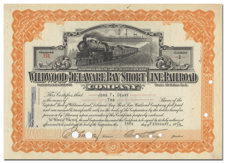 Wildwood & Delaware Bay Short Line Railroad Company Stock Certficate