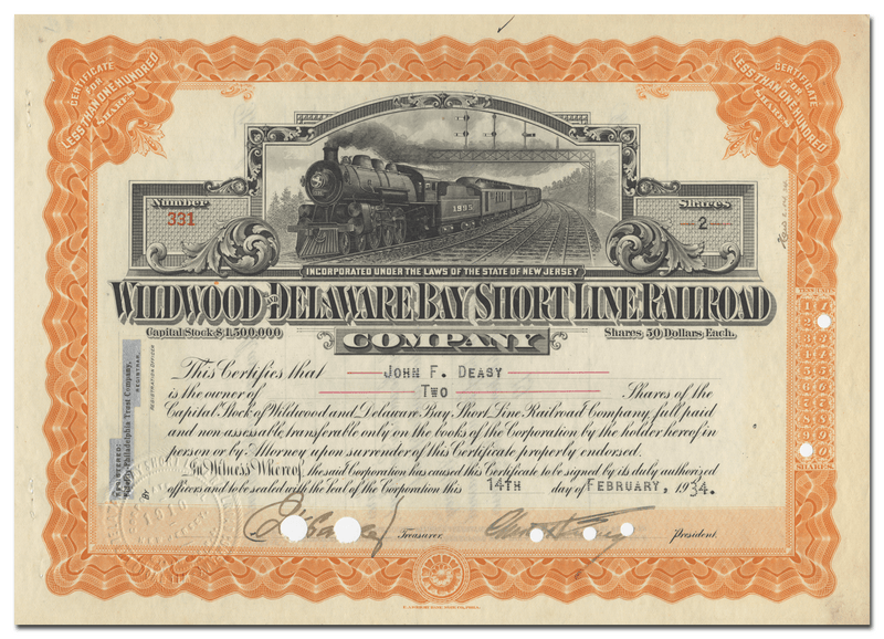 Wildwood & Delaware Bay Short Line Railroad Company Stock Certficate