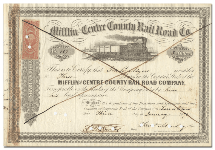 Mifflin and Centre County Rail Road Company Stock Certiicate