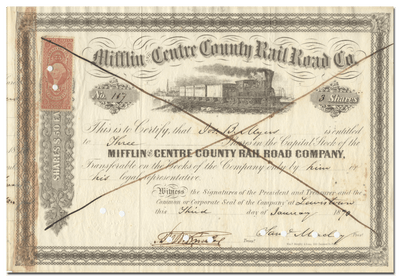 Mifflin and Centre County Rail Road Company Stock Certiicate