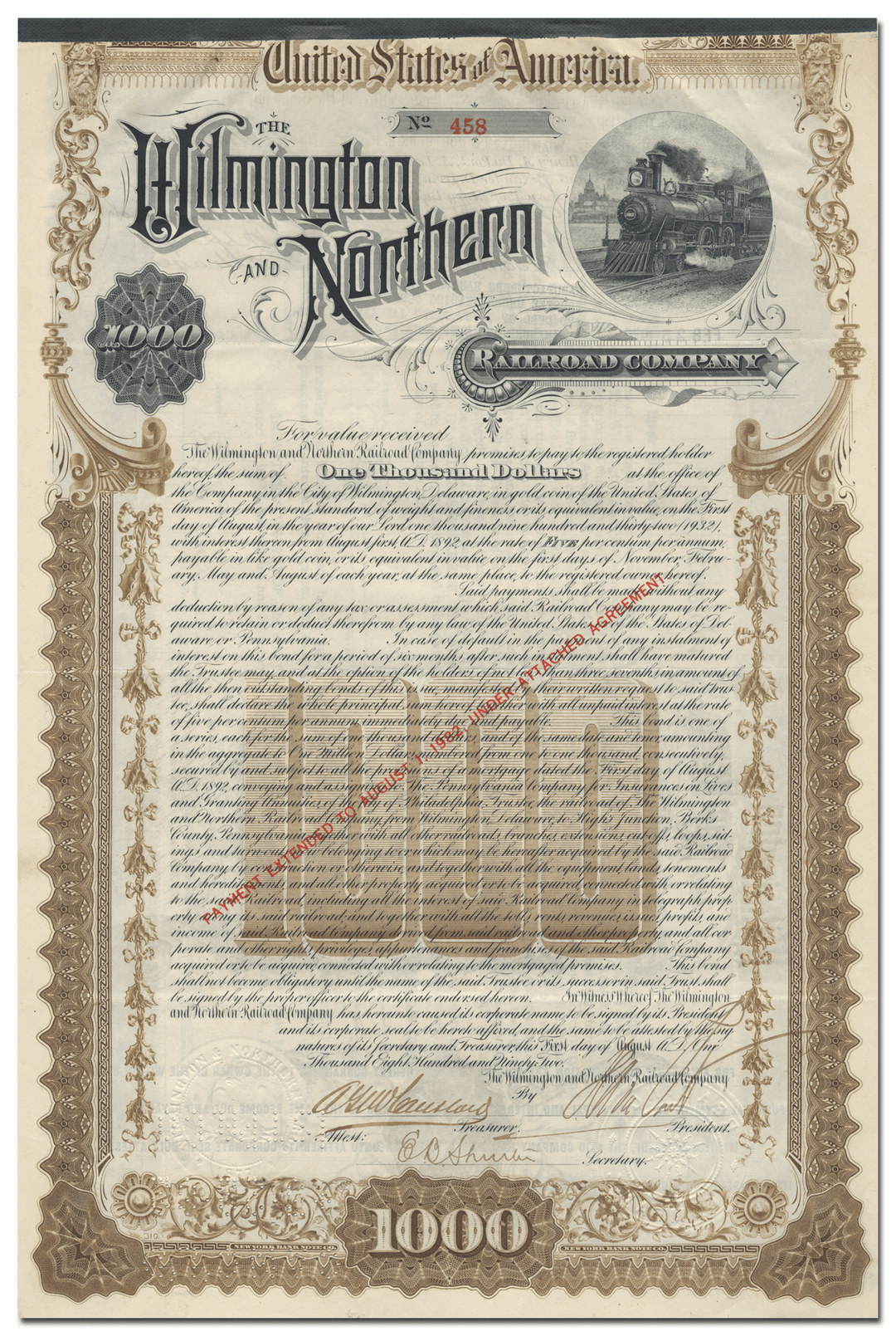 Wilmington and Northern Railroad Company Bond Certificate Signed by Henry A. duPont