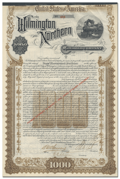 Wilmington and Northern Railroad Company Bond Certificate Signed by Henry A. duPont
