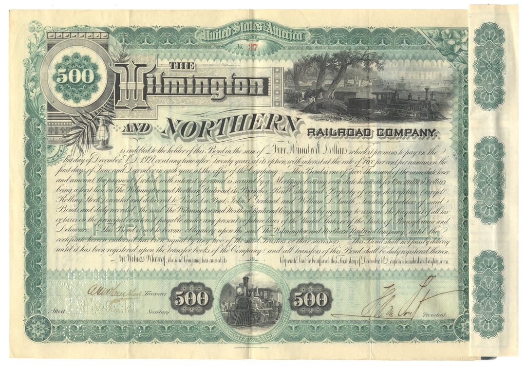 Wilmington and Northern Railroad Company Bond Certificate Signed by Henry A. duPont