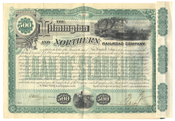 Wilmington and Northern Railroad Company Bond Certificate Signed by Henry A. duPont