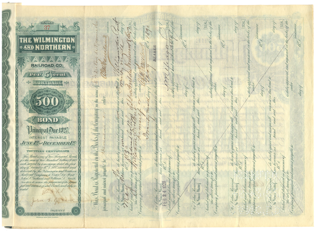 Wilmington and Northern Railroad Company Bond Certificate Signed by Henry A. duPont