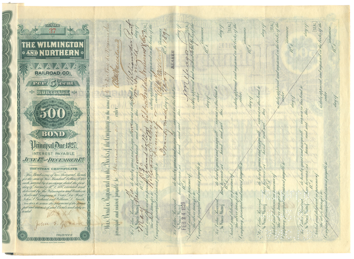 Wilmington and Northern Railroad Company Bond Certificate Signed by Henry A. duPont