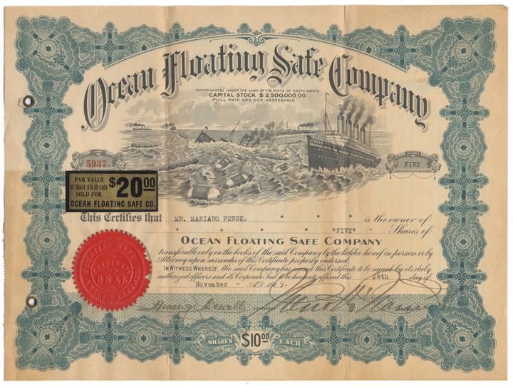 Ocean Floating Safe Company Stock Certificate