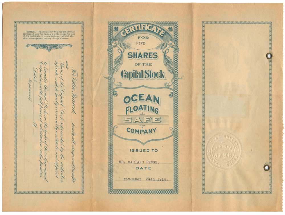 Ocean Floating Safe Company Stock Certificate