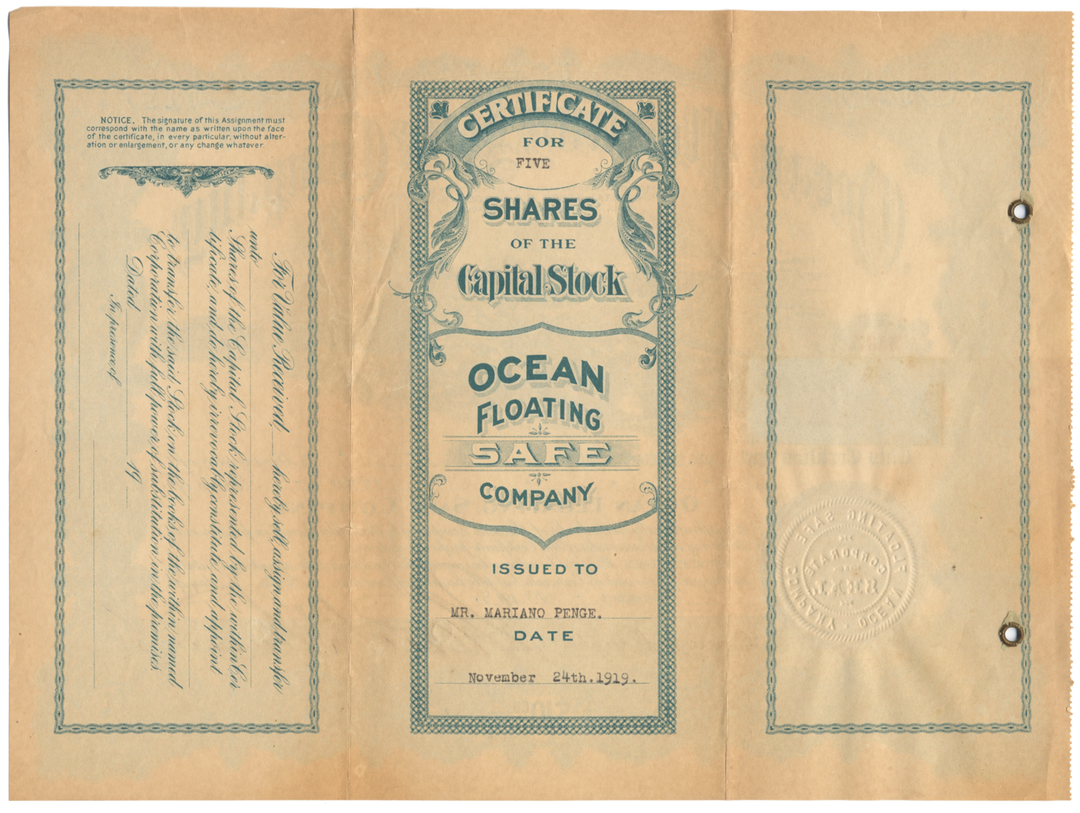 Ocean Floating Safe Company Stock Certificate