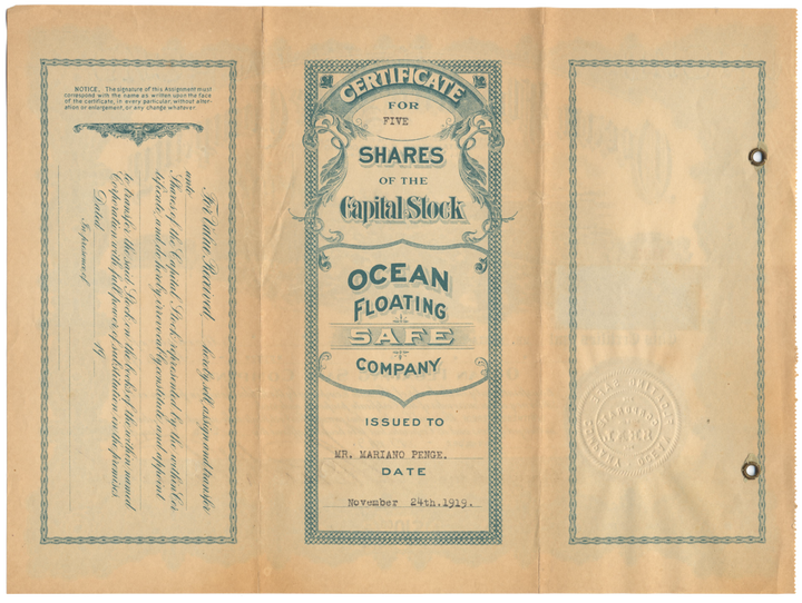 Ocean Floating Safe Company Stock Certificate