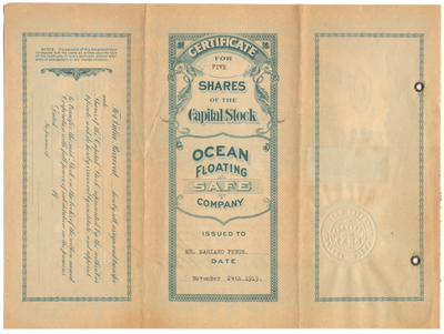 Ocean Floating Safe Company Stock Certificate