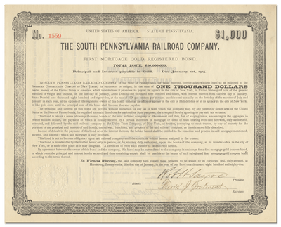 South Pennsylvania Railroad Company Bond Certificate Signed by Robert H. Sayre