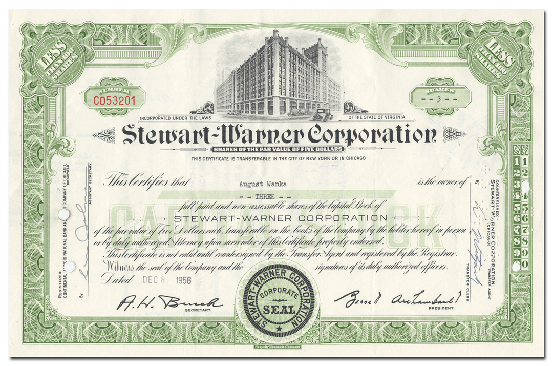 Stewart-Warner Corporation Stock Certificate