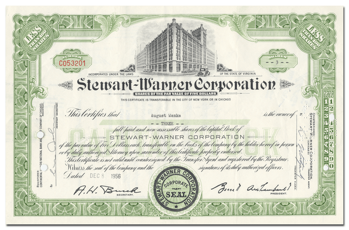 Stewart-Warner Corporation Stock Certificate