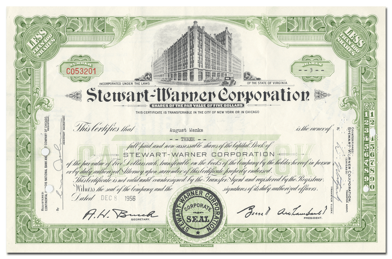Stewart-Warner Corporation Stock Certificate