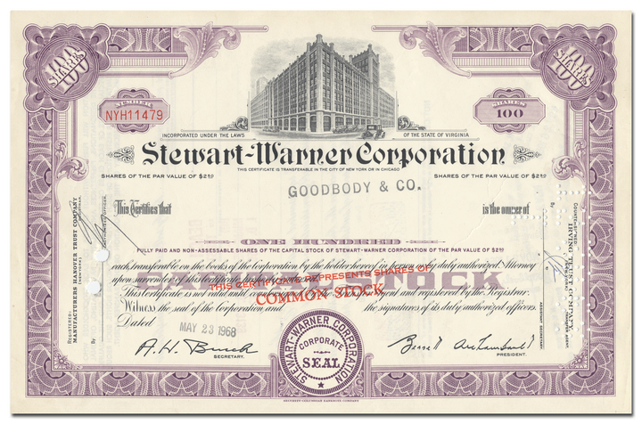 Stewart-Warner Corporation Stock Certificate