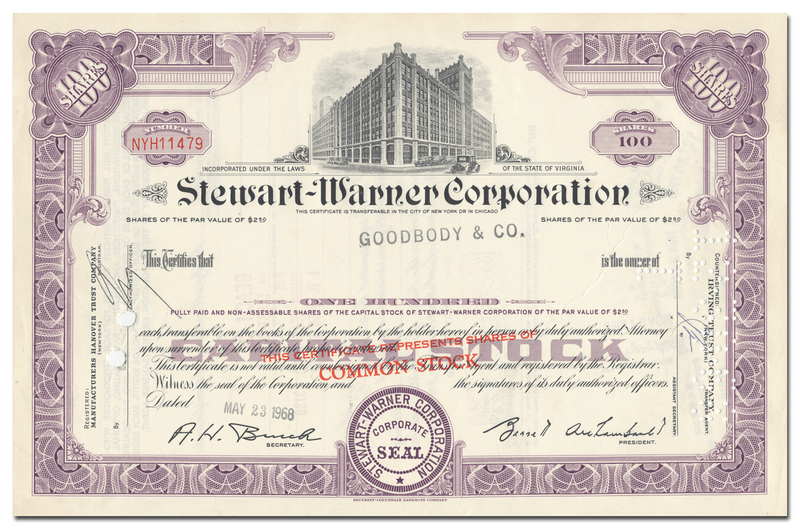 Stewart-Warner Corporation Stock Certificate