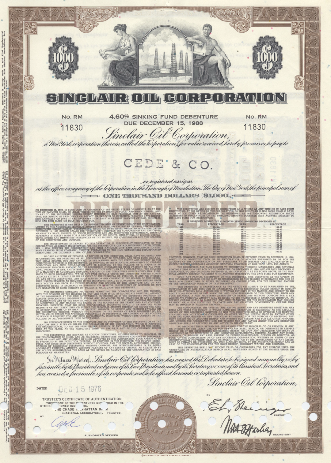 Sinclair Oil Corporation Bond Certificate