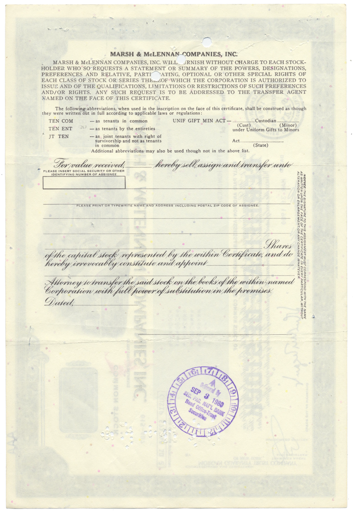 Marsh & McLennan Companies, Inc. Stock Certificate