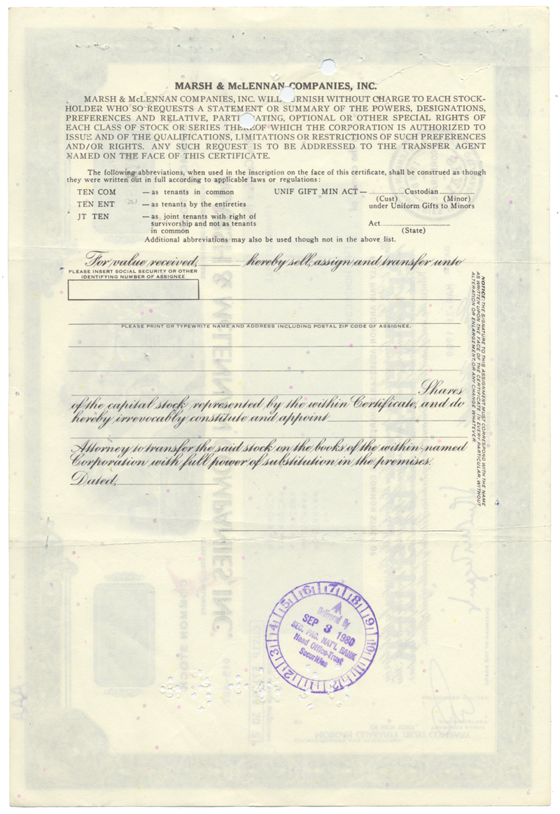 Marsh & McLennan Companies, Inc. Stock Certificate
