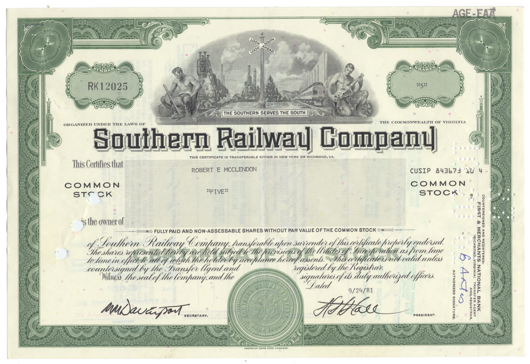 Southern Railway Company Stock Certificate